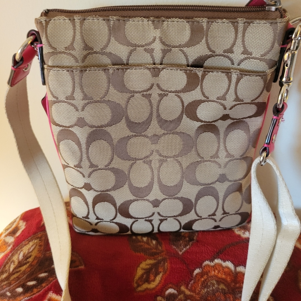 Coach Pink and Tan Crossbody Bag with Signature Monogram - Picture 3 of 9
